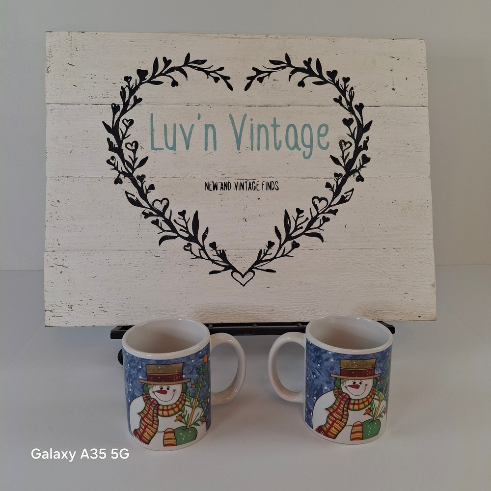 Set of 2 Snowman Christmas Ceramic Coffee Mugs Blue Winter Holiday Tea Cups